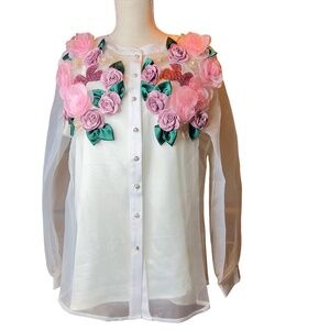 Item # A235  For Her NYC  Cottagecore Luxe  White Organza Top 3D Floral  NWT  L